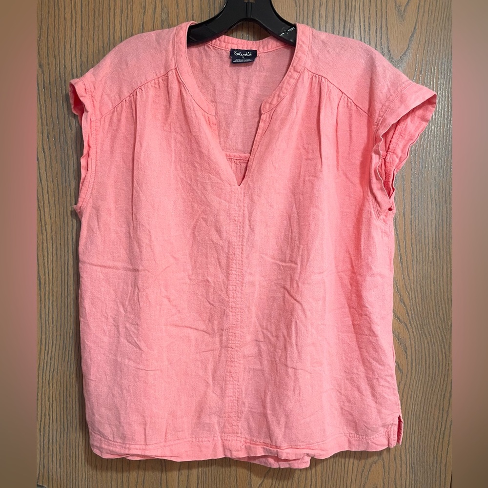 Coral Linen Blouse with V-Neck